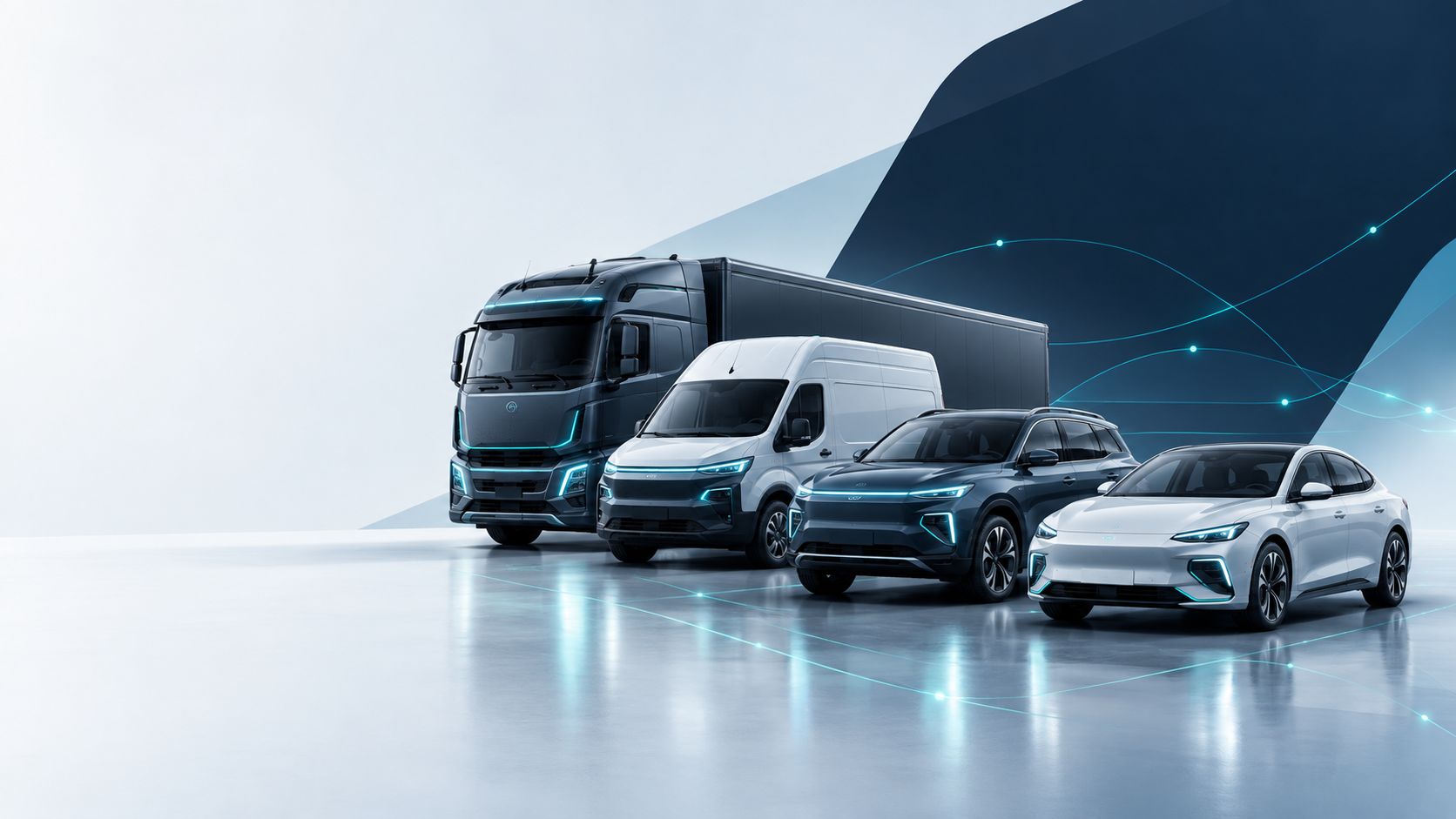 Electric truck, van, SUV and sedan with data connections shown between them